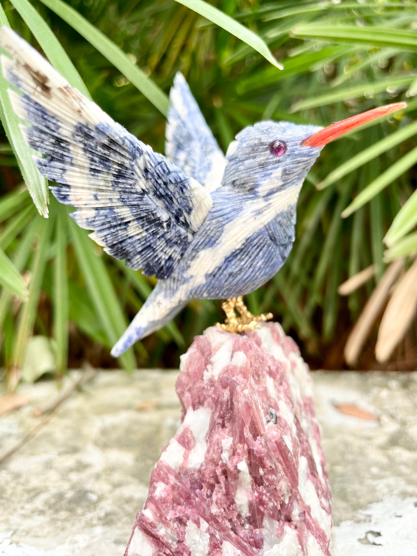 Sodallite Hummingbird on Pink Tourmaline in Quartz Matrix