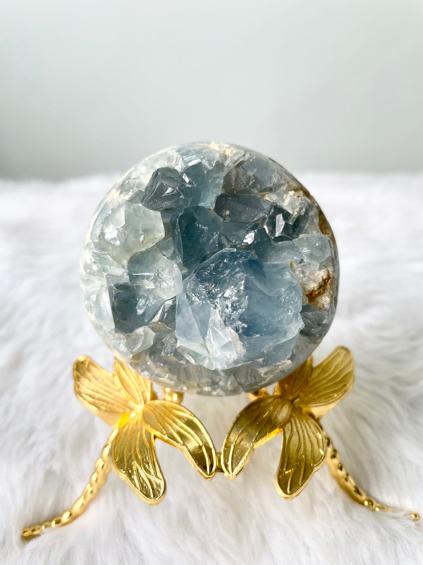 Dark Blue Gemmy Celestine Crystal Geode Sphere