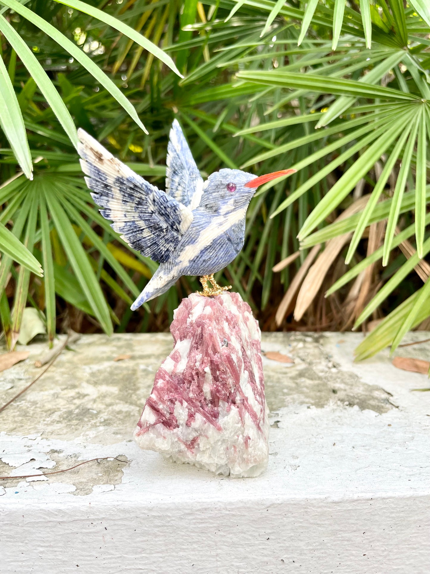 Sodallite Hummingbird on Pink Tourmaline in Quartz Matrix