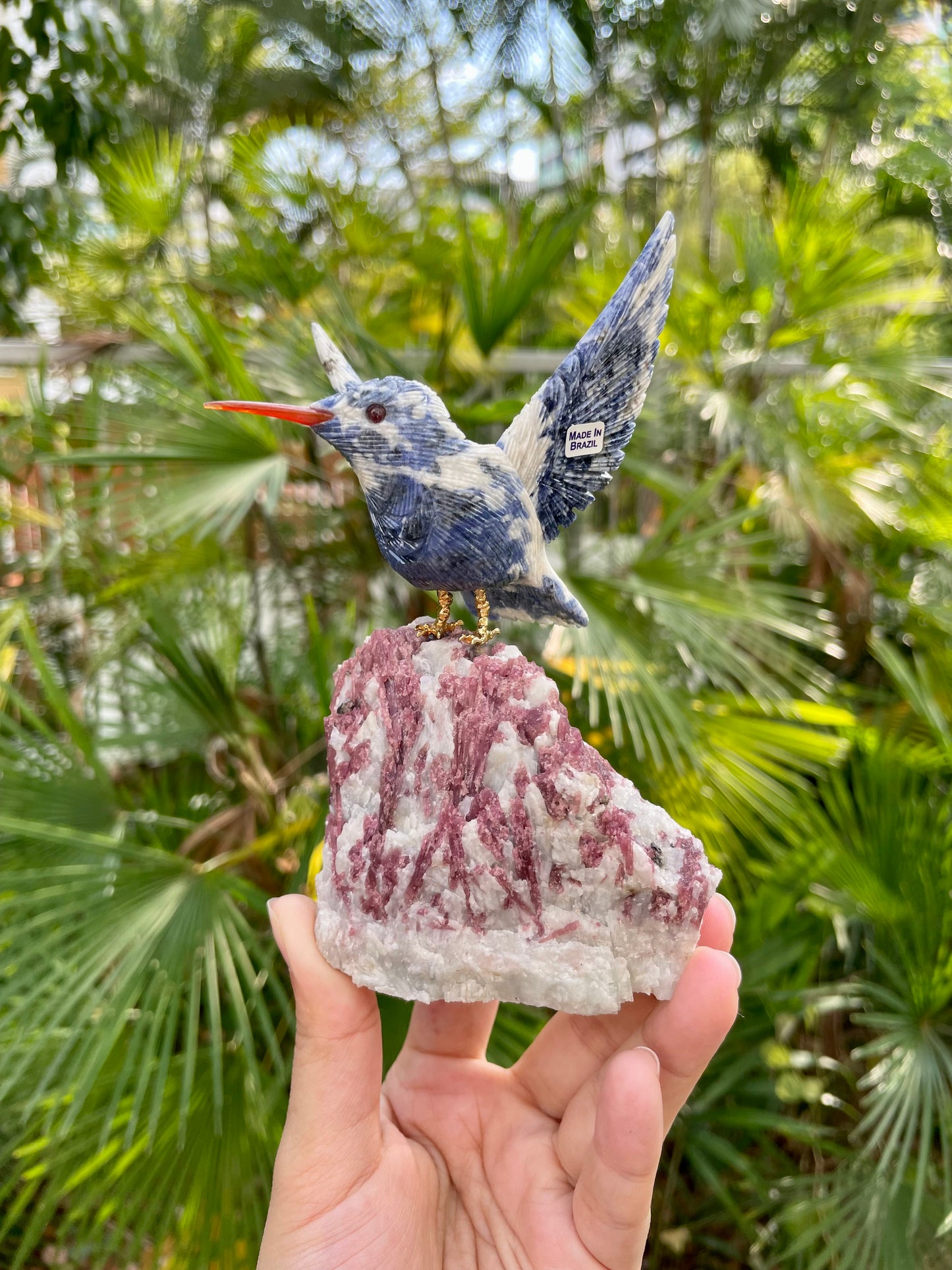 Sodallite Hummingbird on Pink Tourmaline in Quartz Matrix