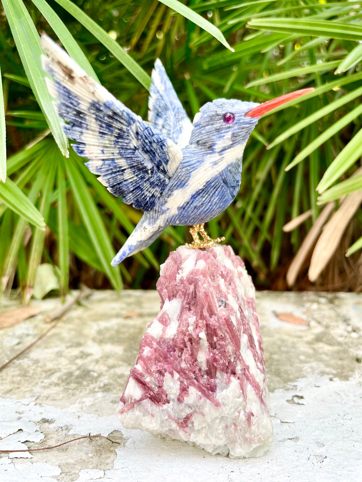 Sodallite Hummingbird on Pink Tourmaline in Quartz Matrix