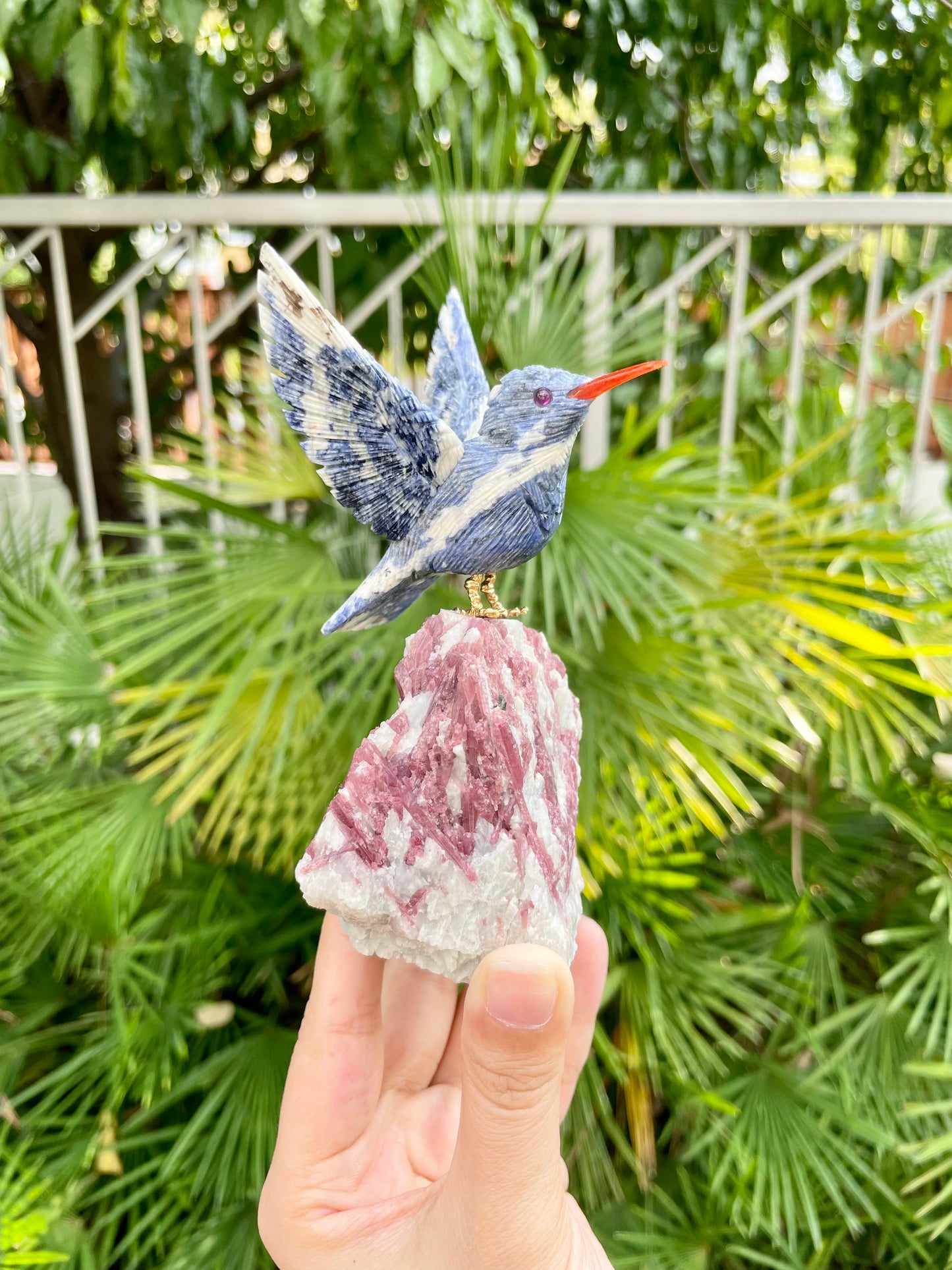 Sodallite Hummingbird on Pink Tourmaline in Quartz Matrix