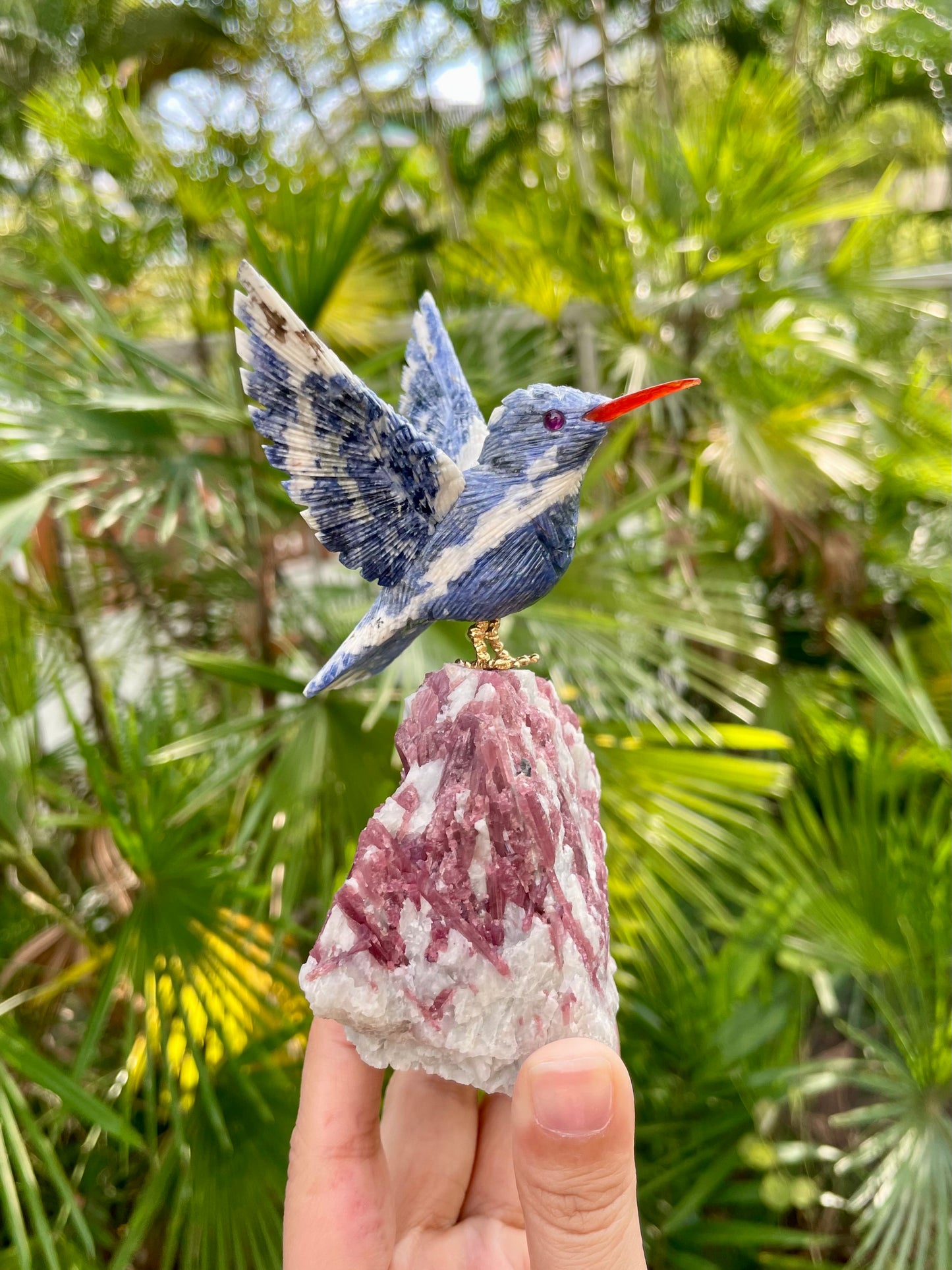 Sodallite Hummingbird on Pink Tourmaline in Quartz Matrix