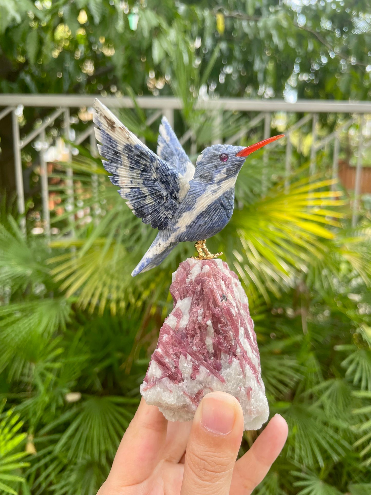 Sodallite Hummingbird on Pink Tourmaline in Quartz Matrix